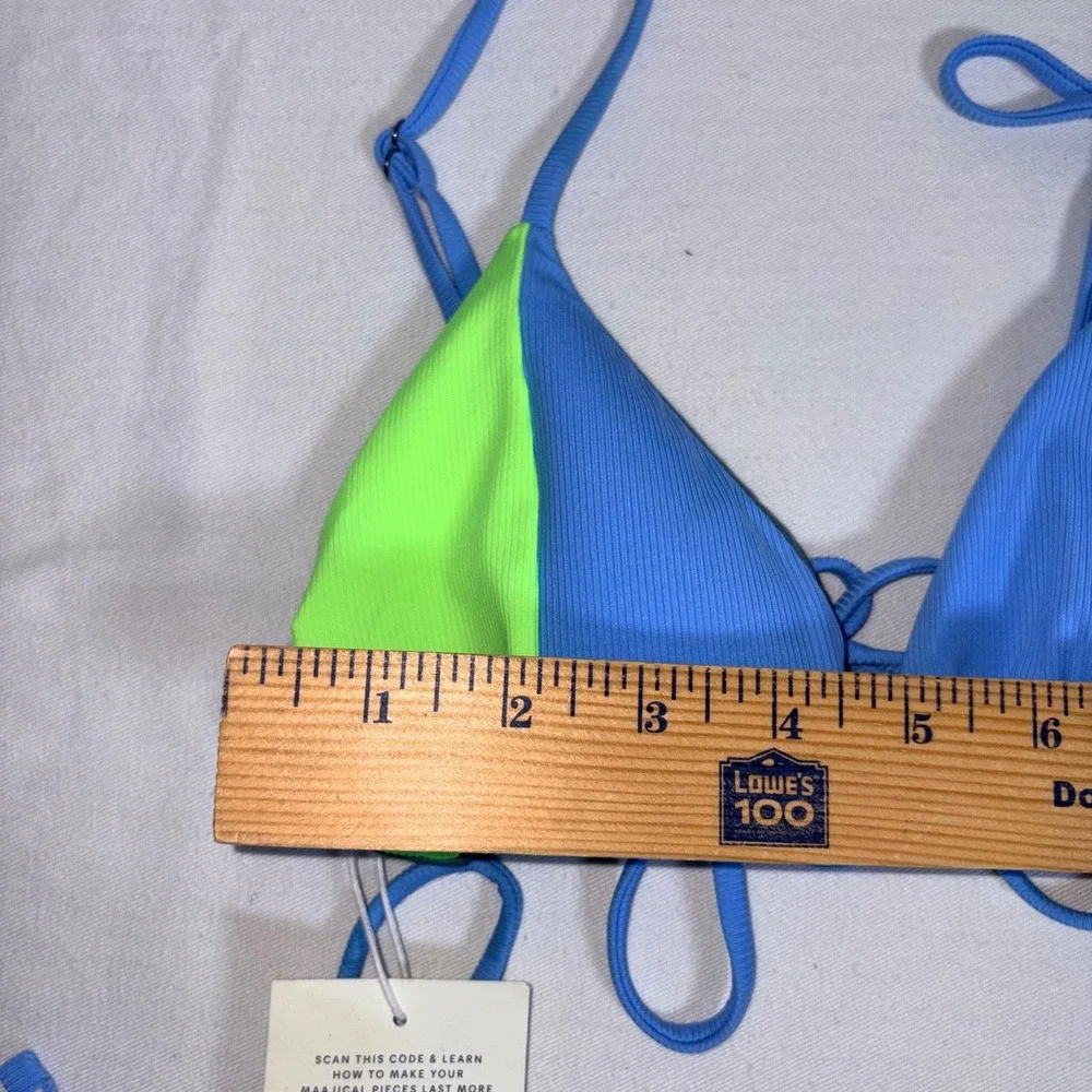 Maaji string tie up Bikini Set Medium Blue Neon Green NEW Ribbed Colorblock